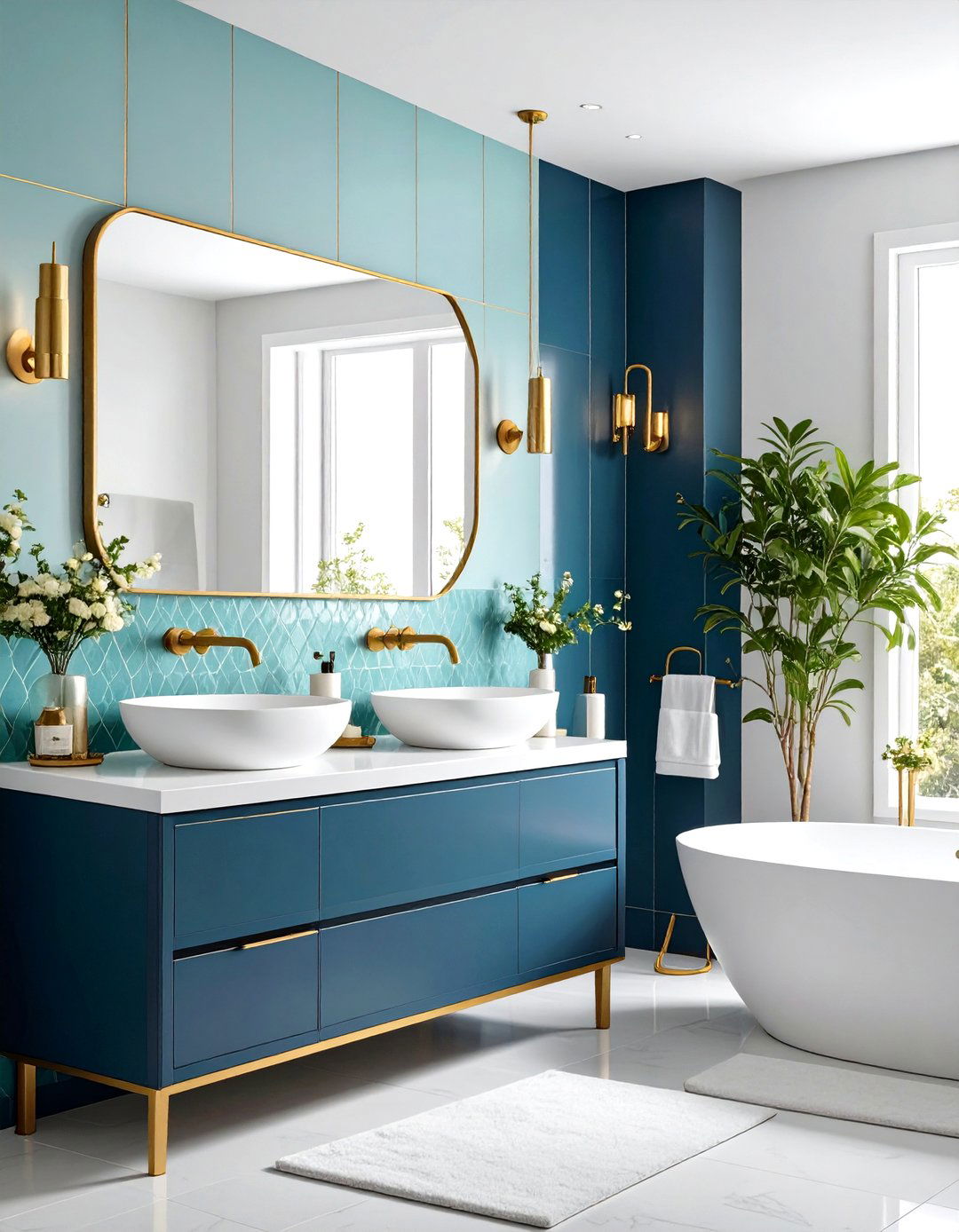 Ocean Ombre Tiled Bathroom with Gold Grout Lines - 25 blue and gold bathroom ideas