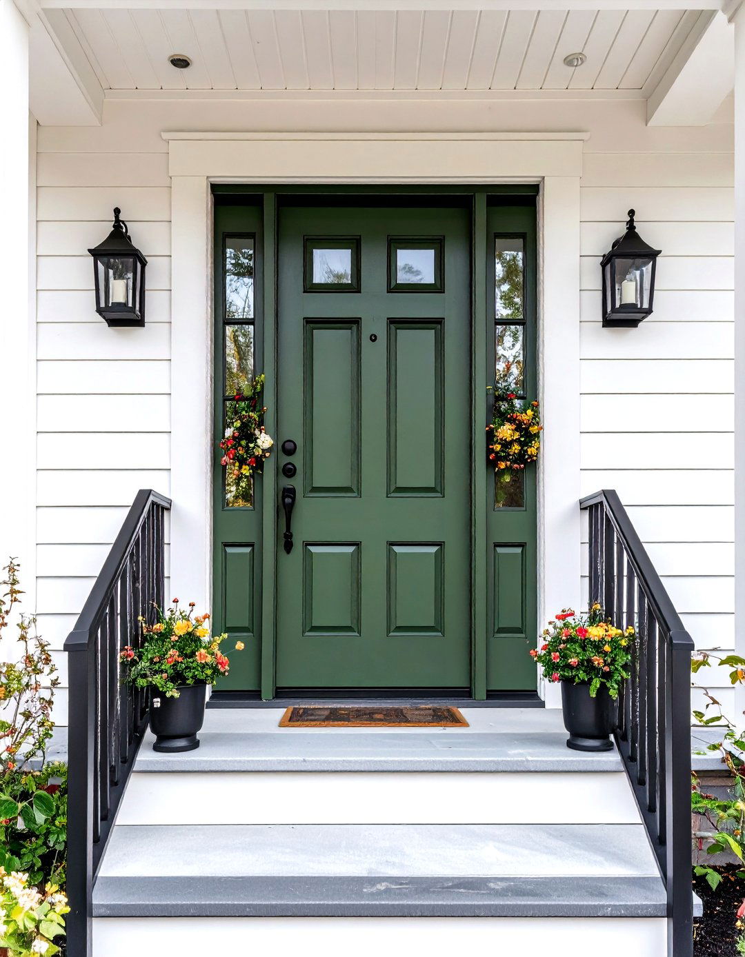 Olive Green Front Door Accented with Matte Black Fixtures - 25 olive green front door ideas