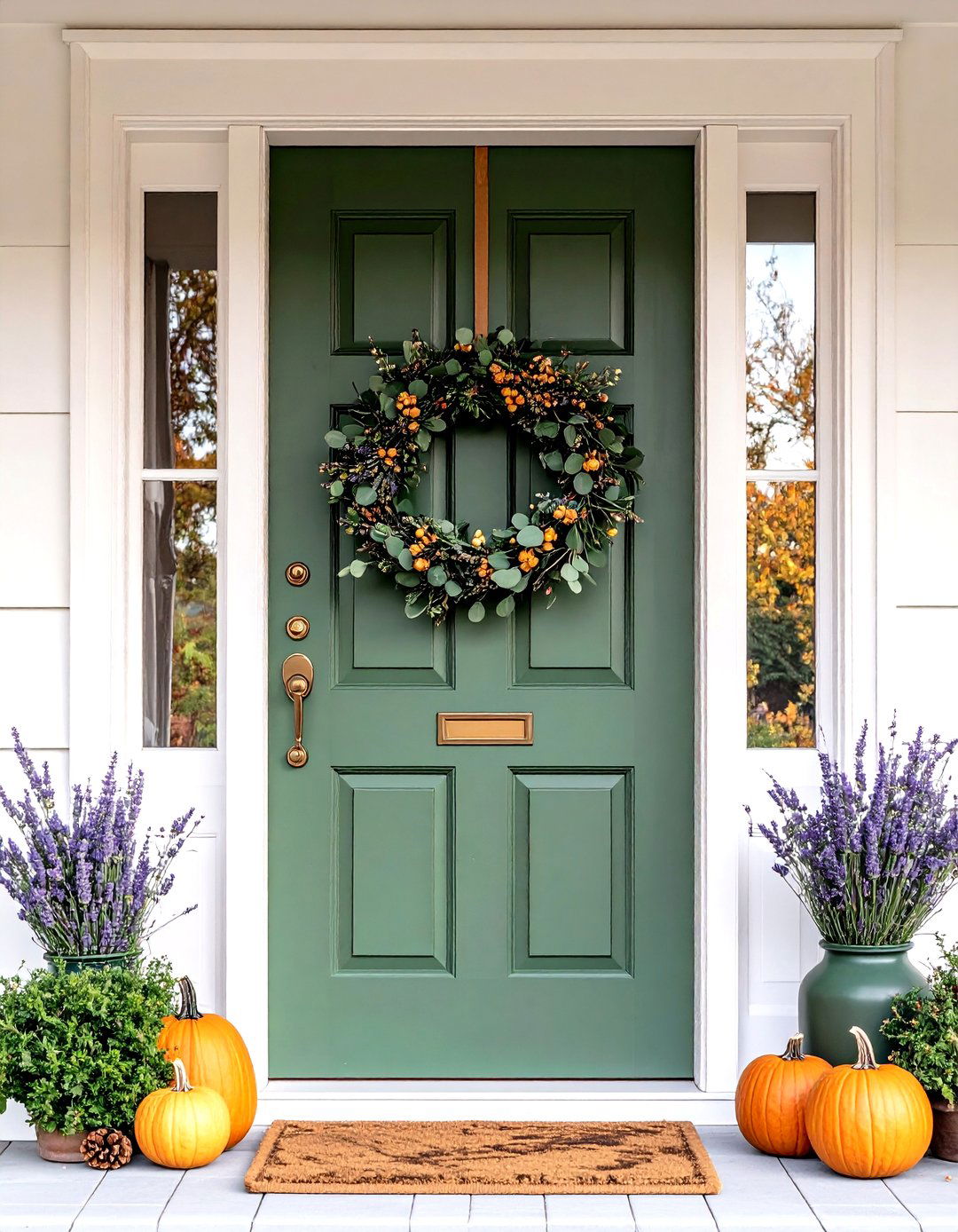 Olive Green Front Door Dressed with a Year Round Eucalyptus Wreath - 25 olive green front door ideas