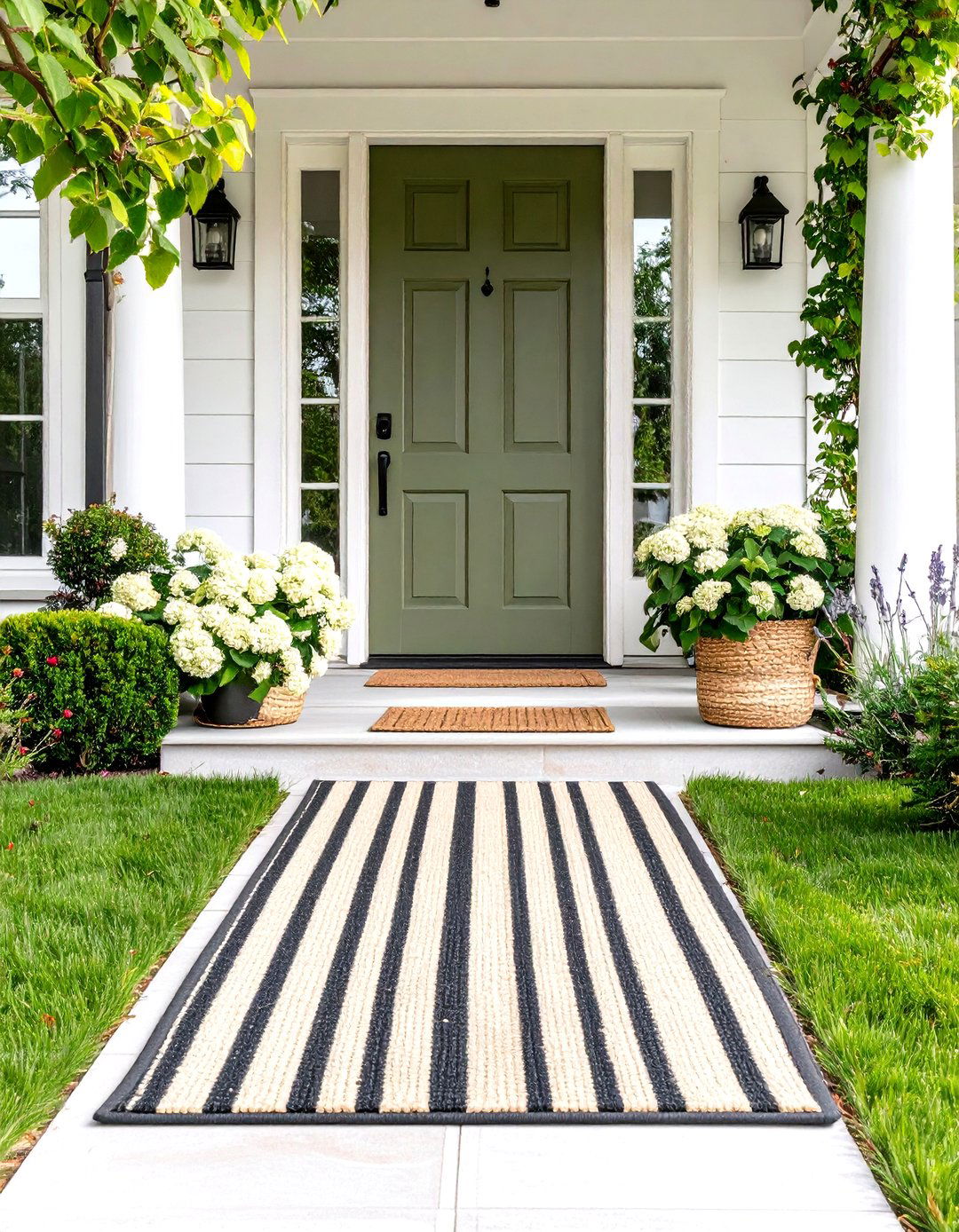Olive Green Front Door Paired with a Bold Striped Doormat - 25 olive green front door ideas