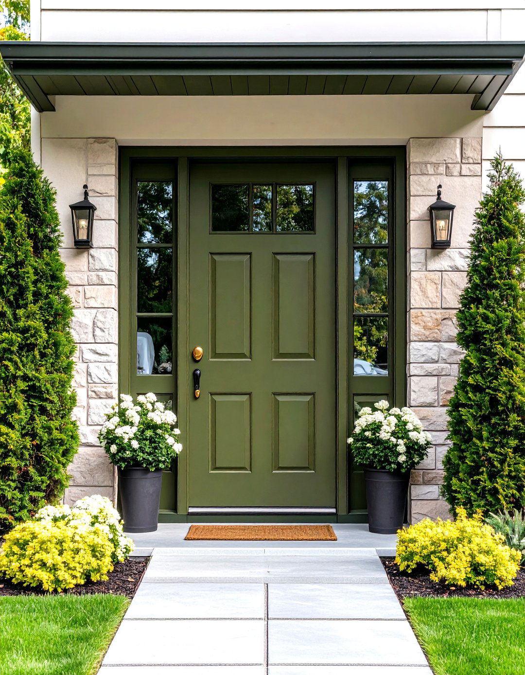 Olive Green Front Door with Clear Sidelights - 25 olive green front door ideas