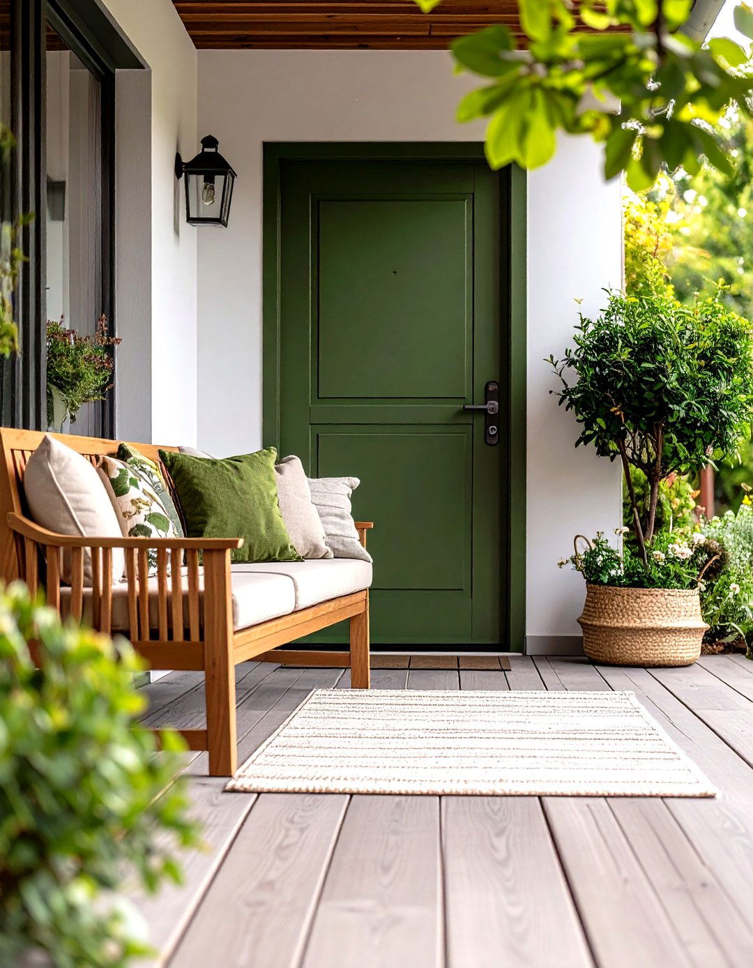 Olive Green Front Door with Color Matched Porch Bench - 25 olive green front door ideas