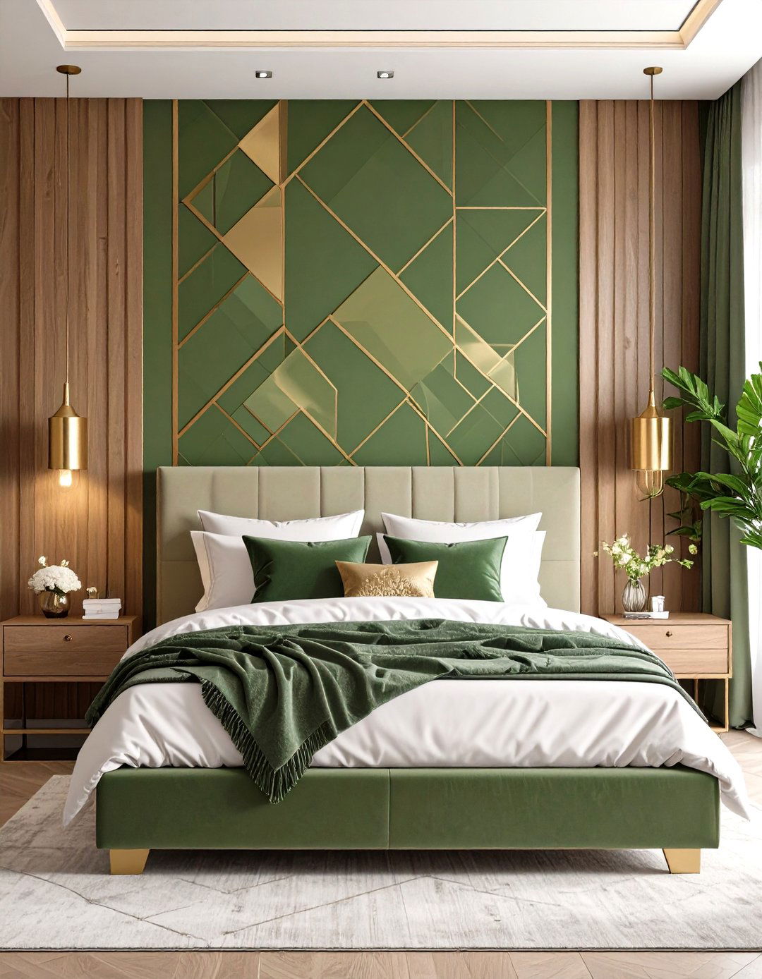 Olive Green Geometric Wallpaper Feature - 25 olive green bedroom ideas
