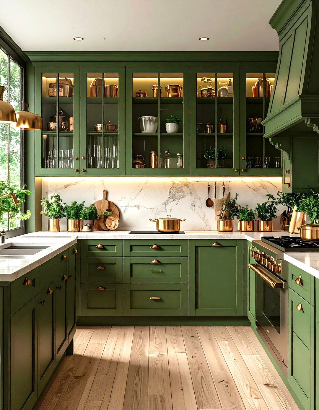 Olive Green Kitchen Cabinetry with Glass Fronts - 25 olive green kitchens