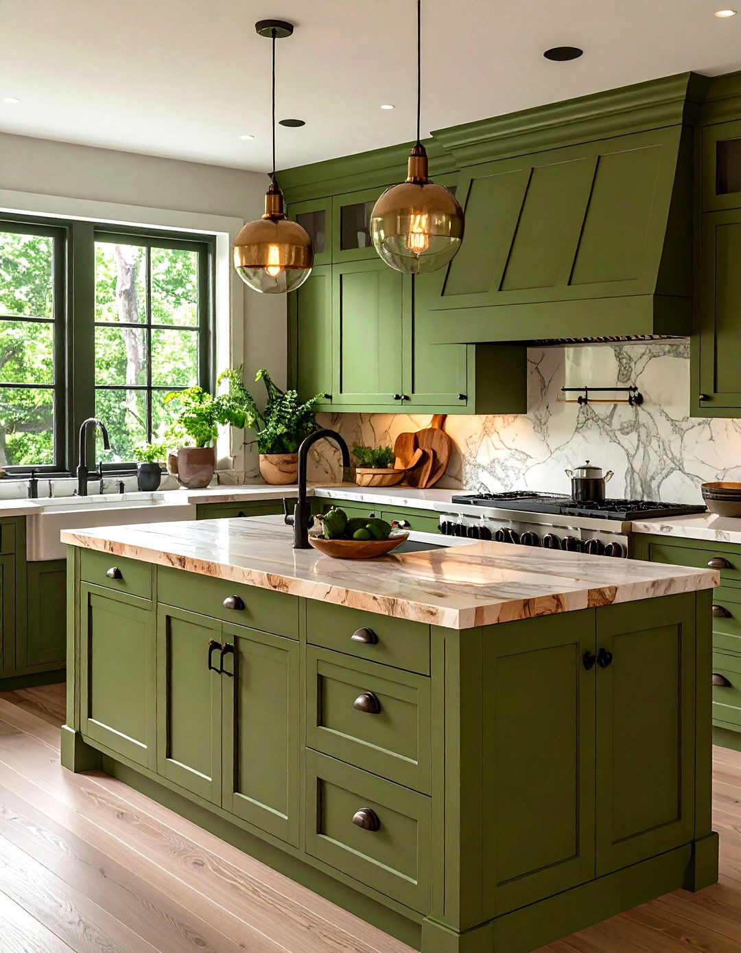 Olive Green Kitchen Paired with Natural Wood Countertops
