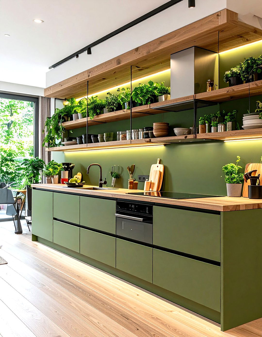 Olive Green Kitchen with Open Shelving and Minimalist Lines - 25 olive green kitchens