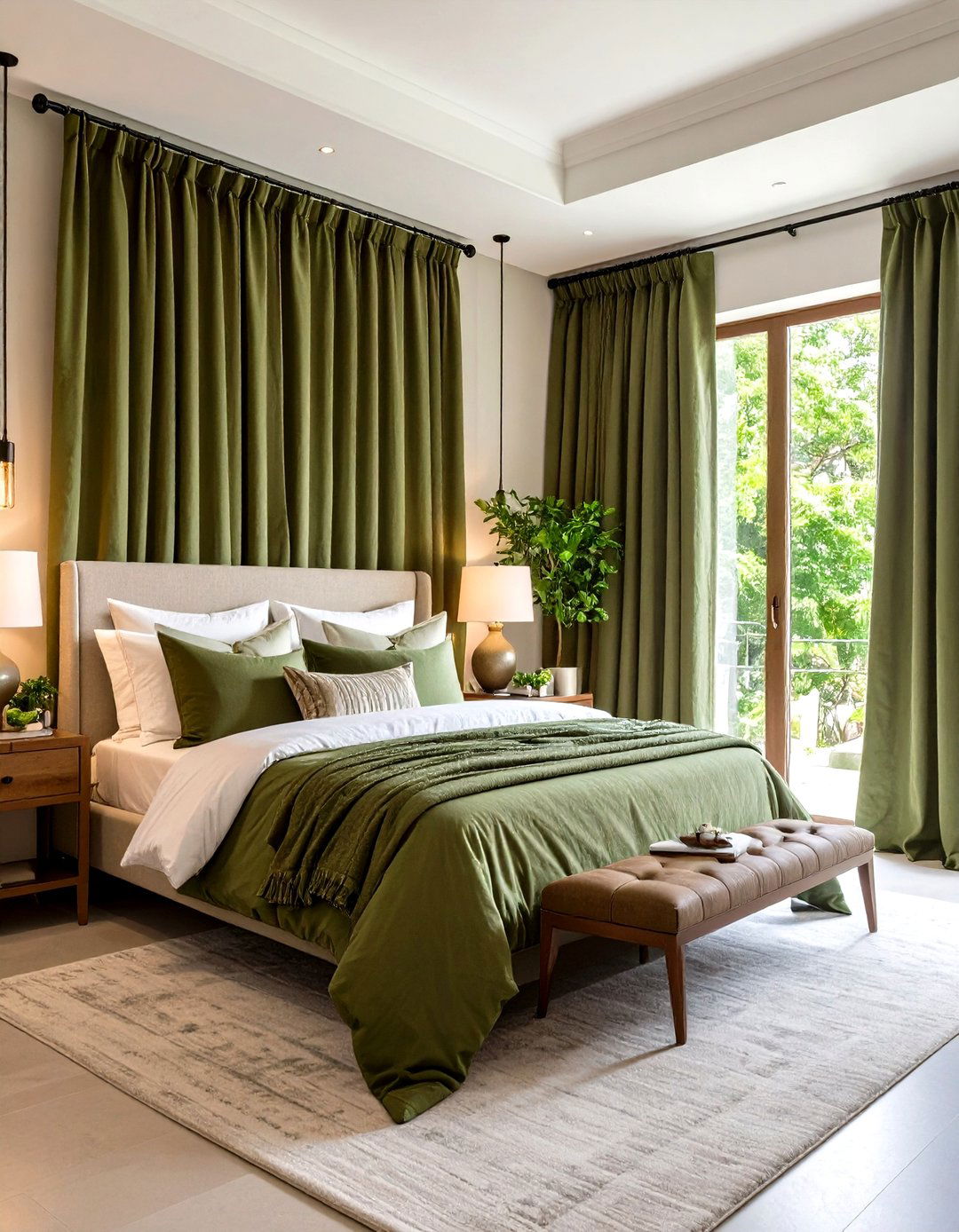 Olive Green Linen Drapes for Softness - 25 olive green bedroom ideas