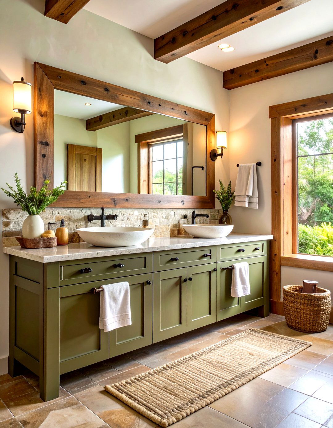 Olive Green Vanity Bathroom With Natural Stone Basin - 25 bathroom with green vanity