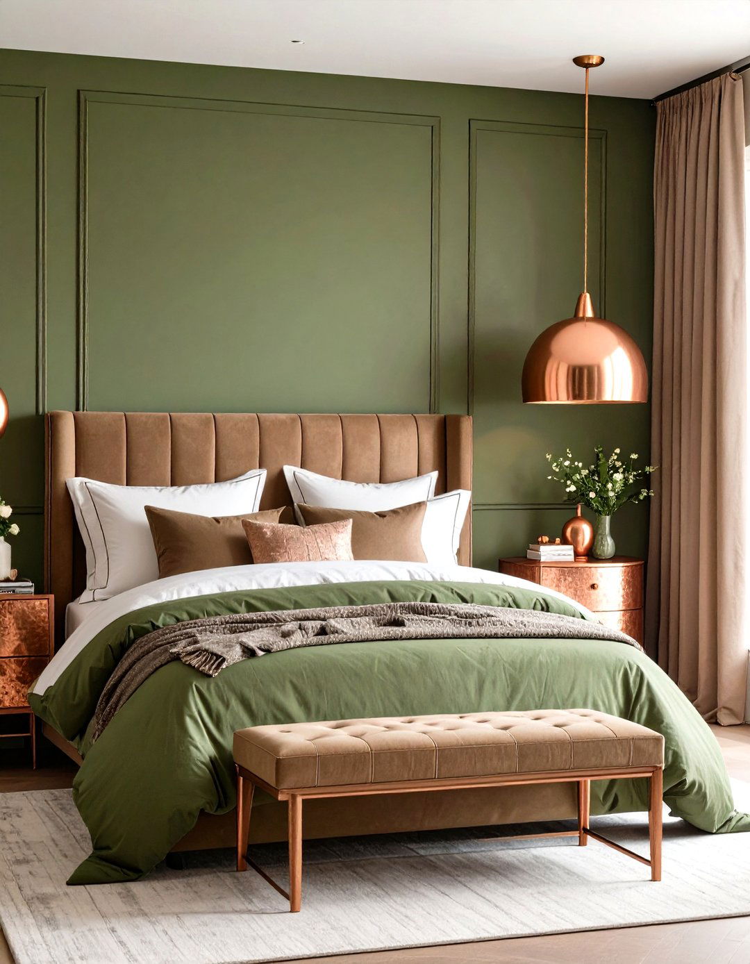 Olive Green with Metallic Copper Accents - 25 olive green bedroom ideas