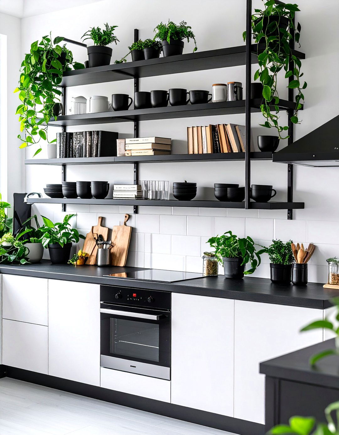 Open Shelving Provides High Contrast Display - 25 black and white kitchen ideas
