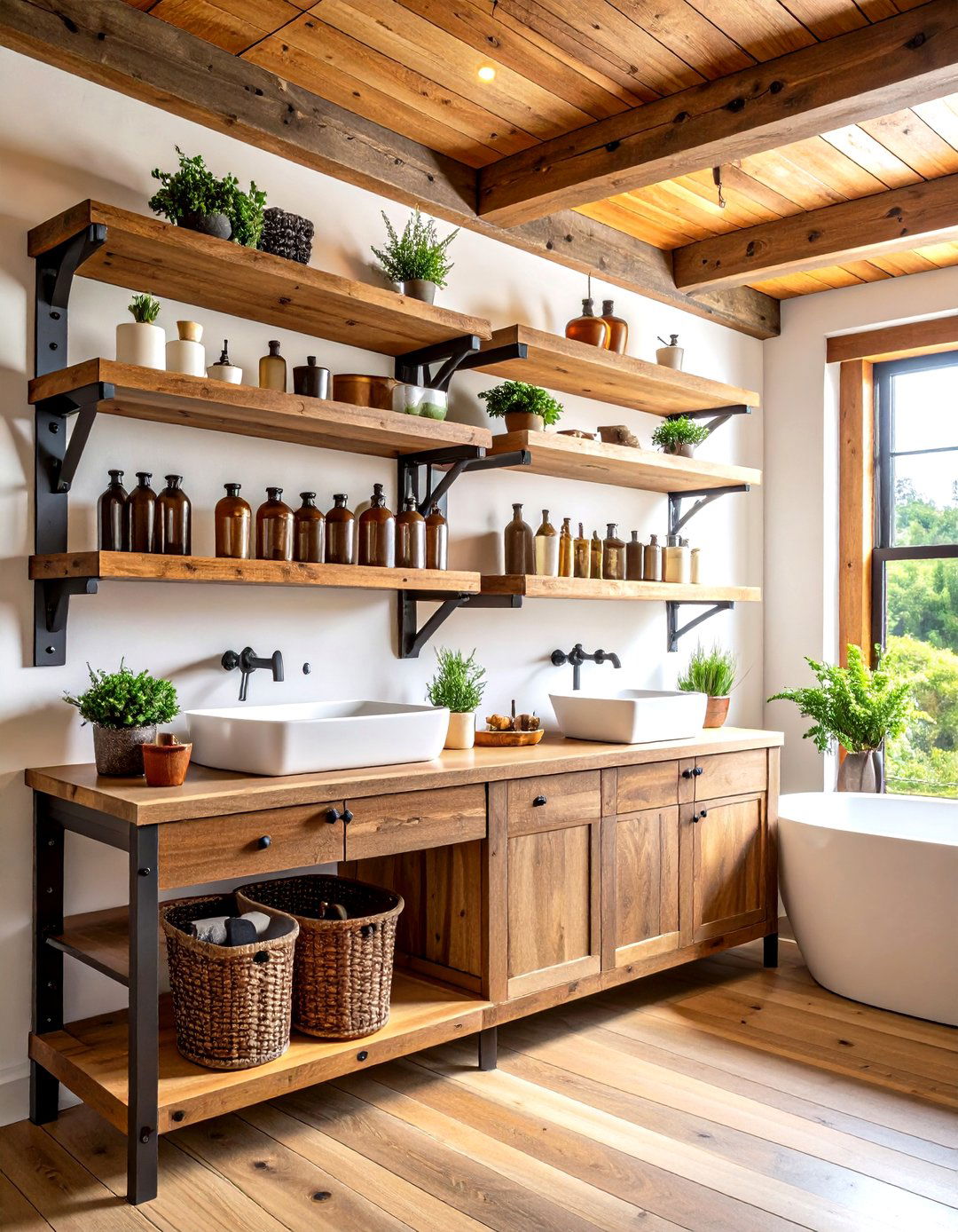 Open Shelving and Iron Brackets Organize the Barndominium Bathroom - 25 barndominium bathroom ideas