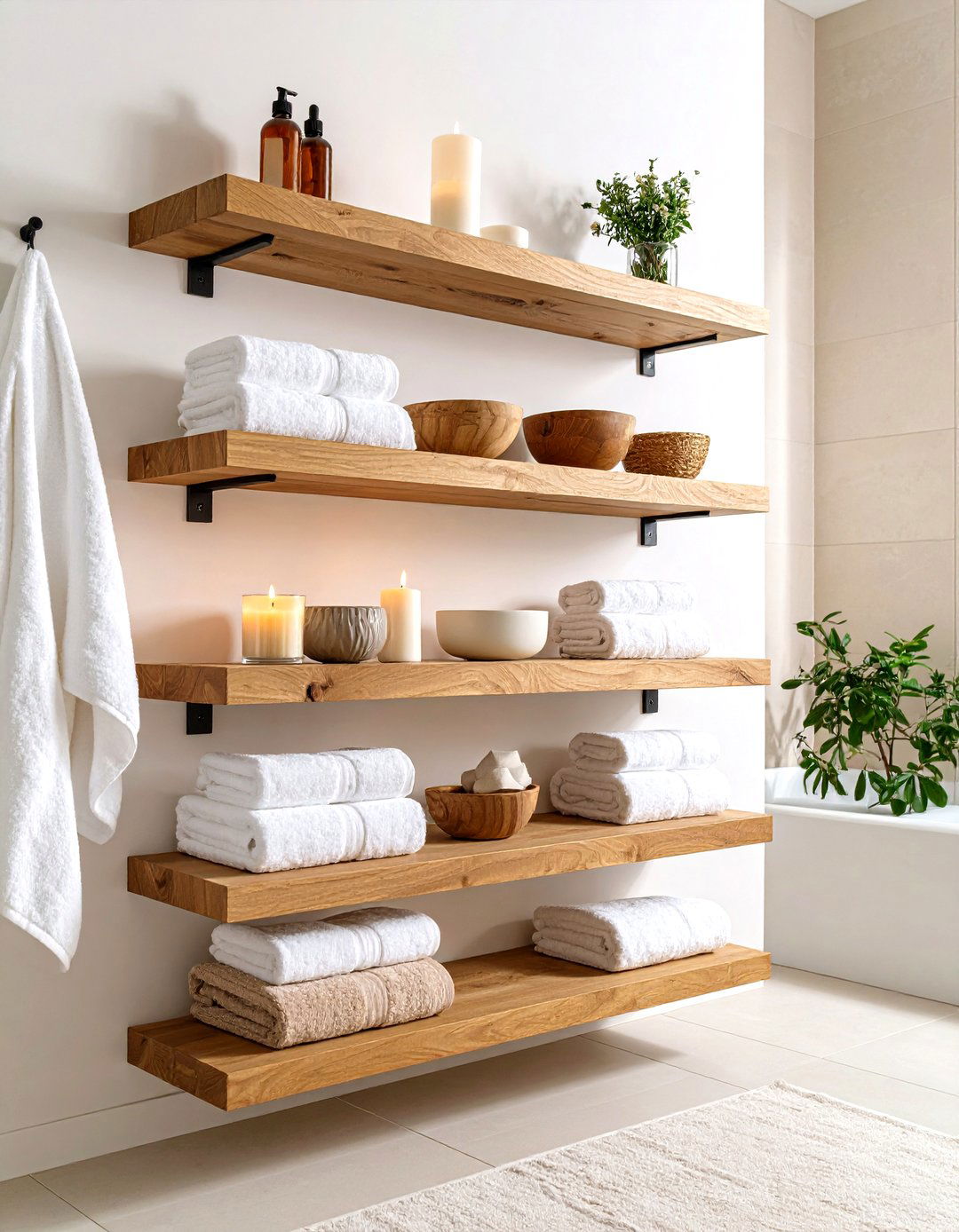 Open Wood Shelving Balances Hard Surfaces - 25 minimalist bathroom ideas