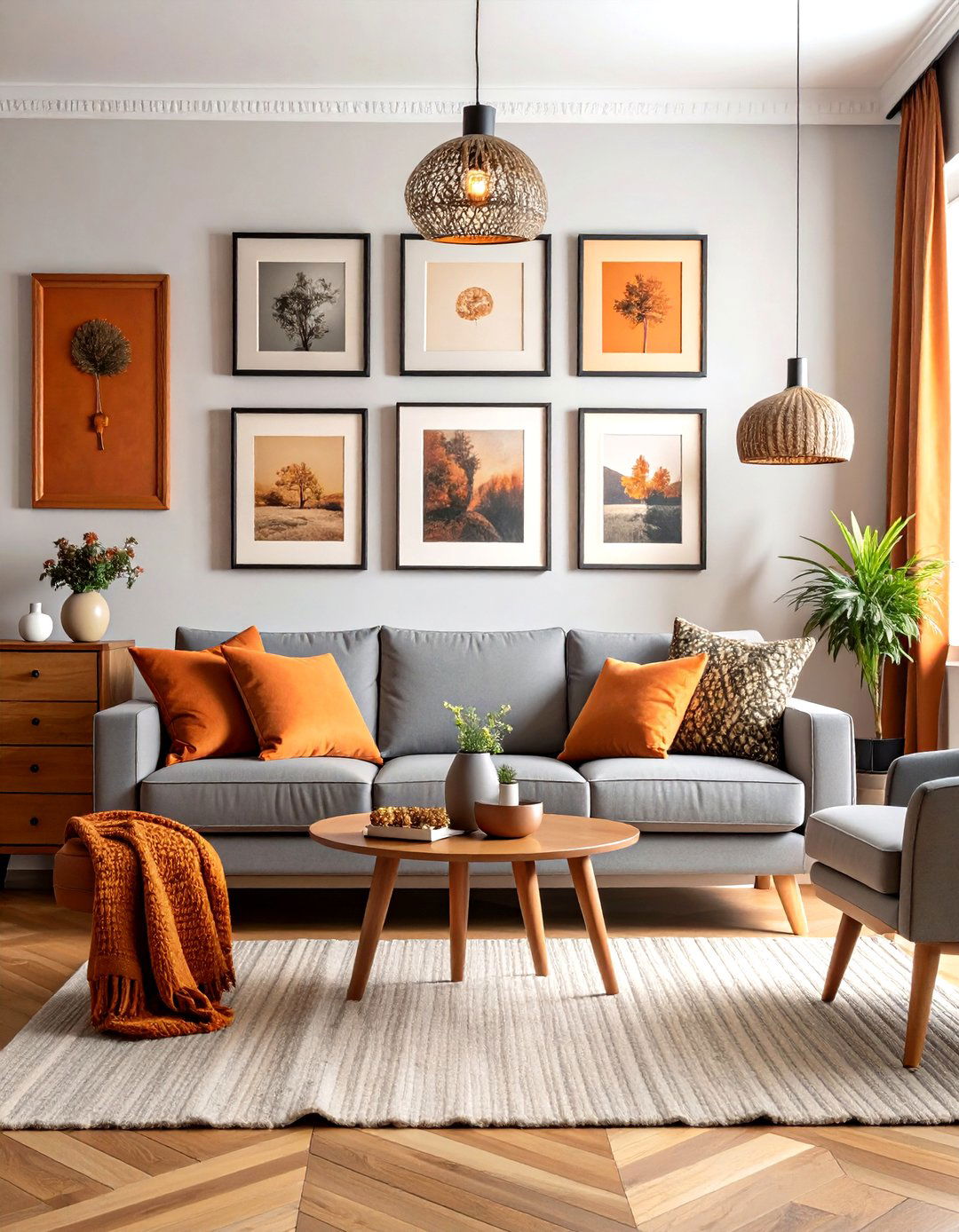 Orange Forward Gallery Wall Against Quiet Grey Furniture - 25 orange and grey living room ideas