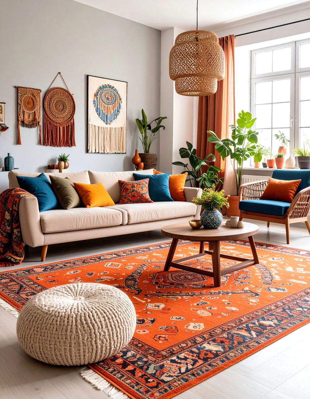 Orange Patterned Rug to Anchor an Open Plan - 25 orange room ideas
