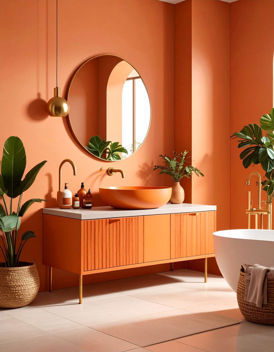 Orange and Brass Hardware Details - 25 orange bathroom ideas