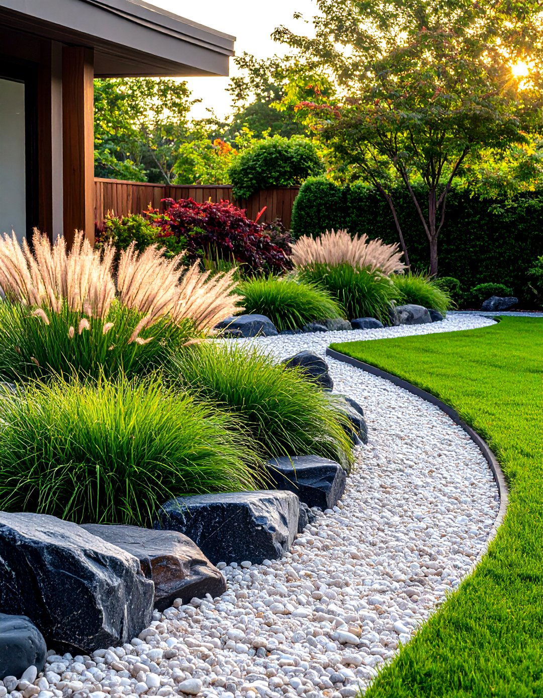 Ornamental Grass Border with Gravel for Low Water Asian Landscape - 25 asian landscaping ideas