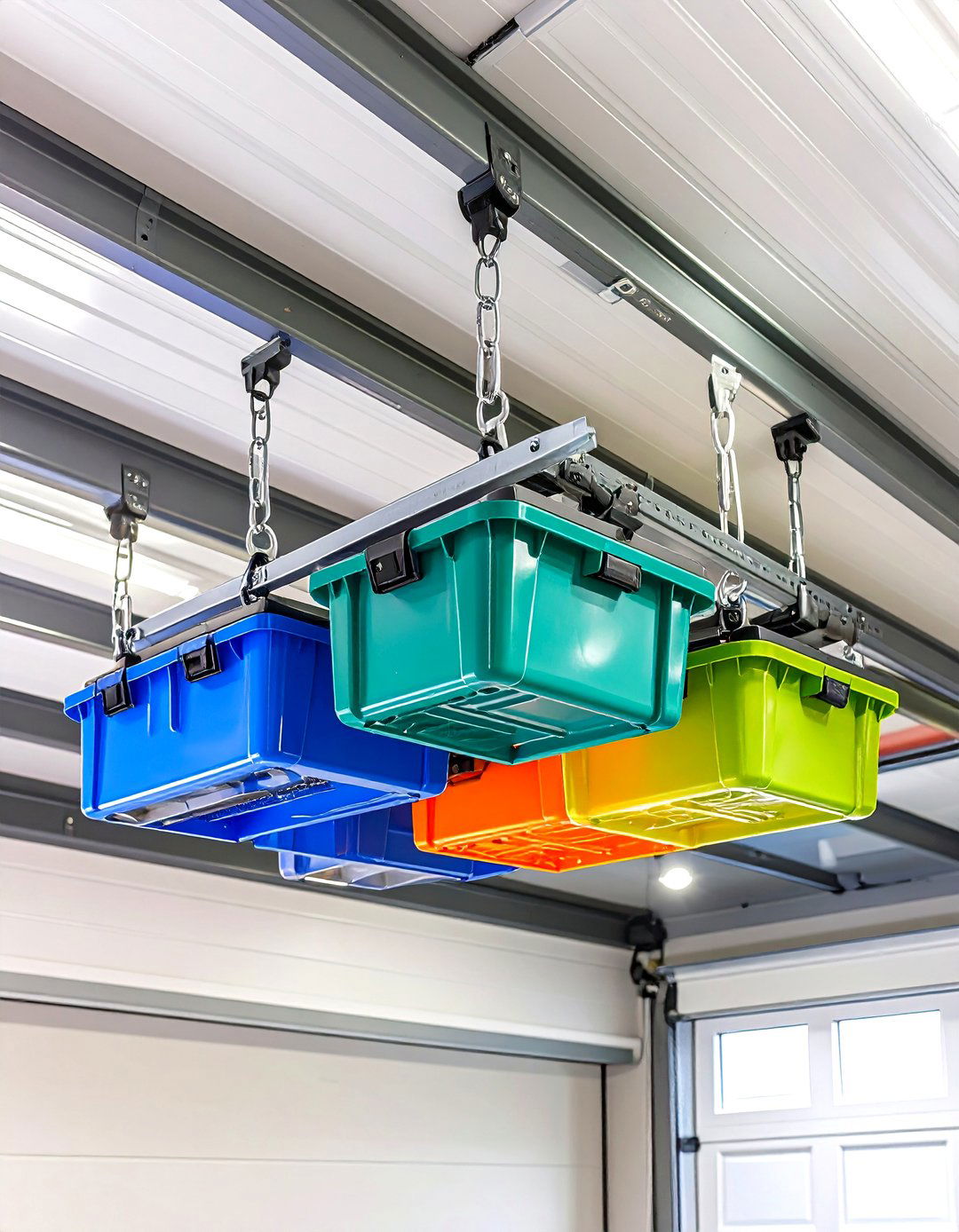 Overhead Ceiling Bin System Clears the Garage Floor - 25 outdoor toy storage ideas