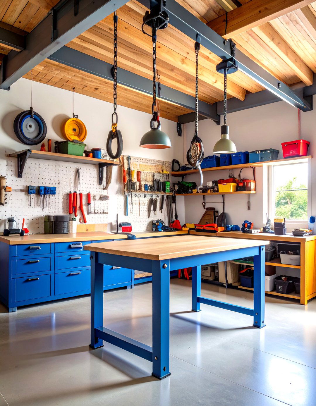 Overhead Loft Linked Garage Workbench with Pulley Storage - 25 garage workbench ideas