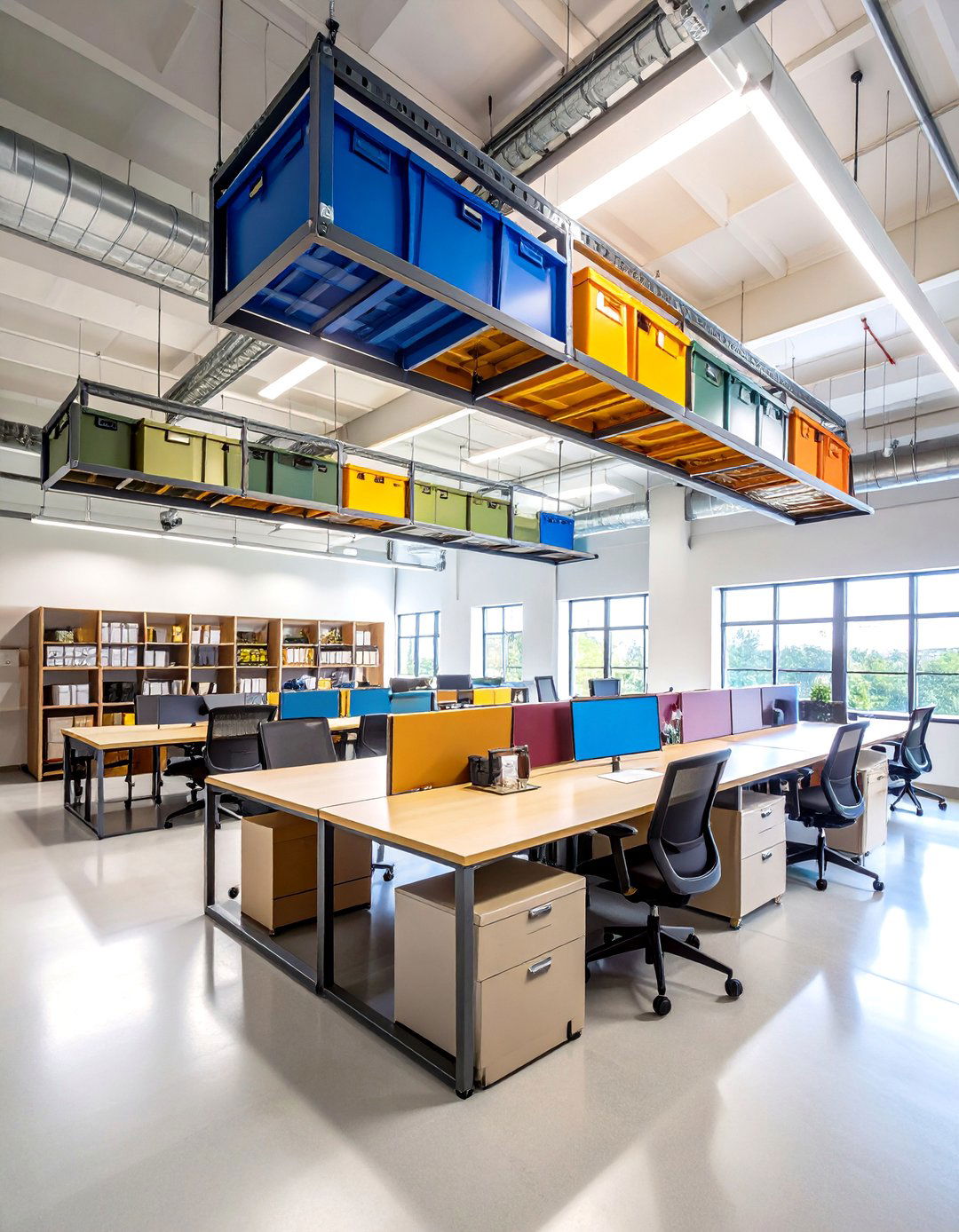 Overhead Racks Stash Infrequent Items Above Sightline - 25 office storage ideas