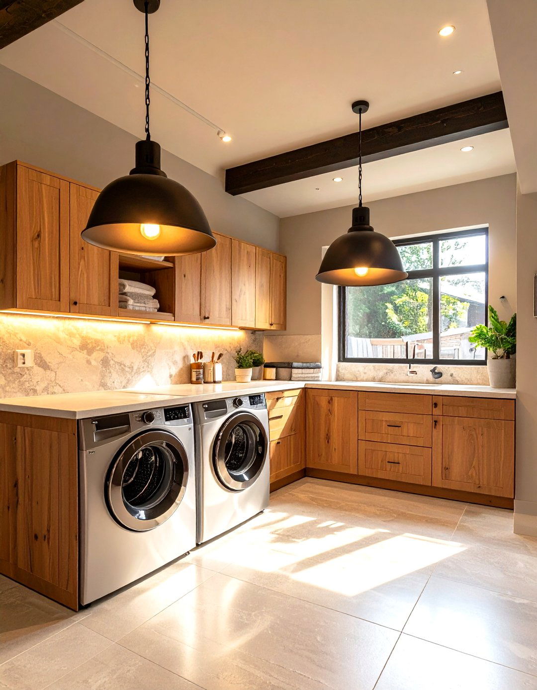 Oversized Black Pendants Light Up Laundry Room Tasks - 25 black and white laundry room ideas