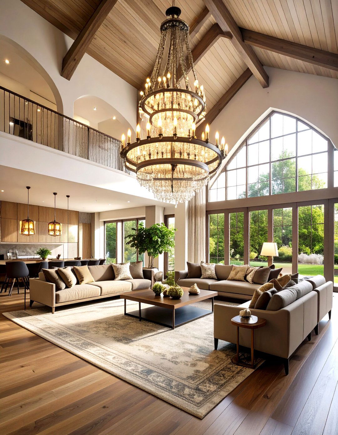 Oversized Chandelier To Anchor Vertical Space - 25 open concept vaulted ceiling living room ideas