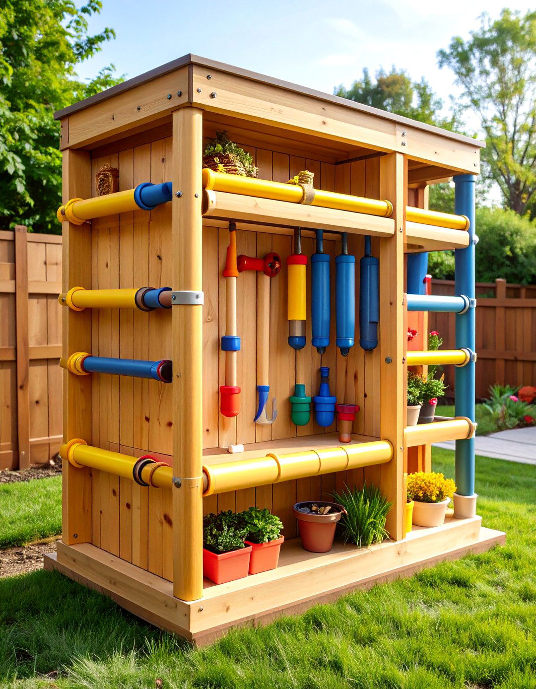 PVC Pipe Cubby Organizes Long Awkward Toys - 25 outdoor toy storage ideas