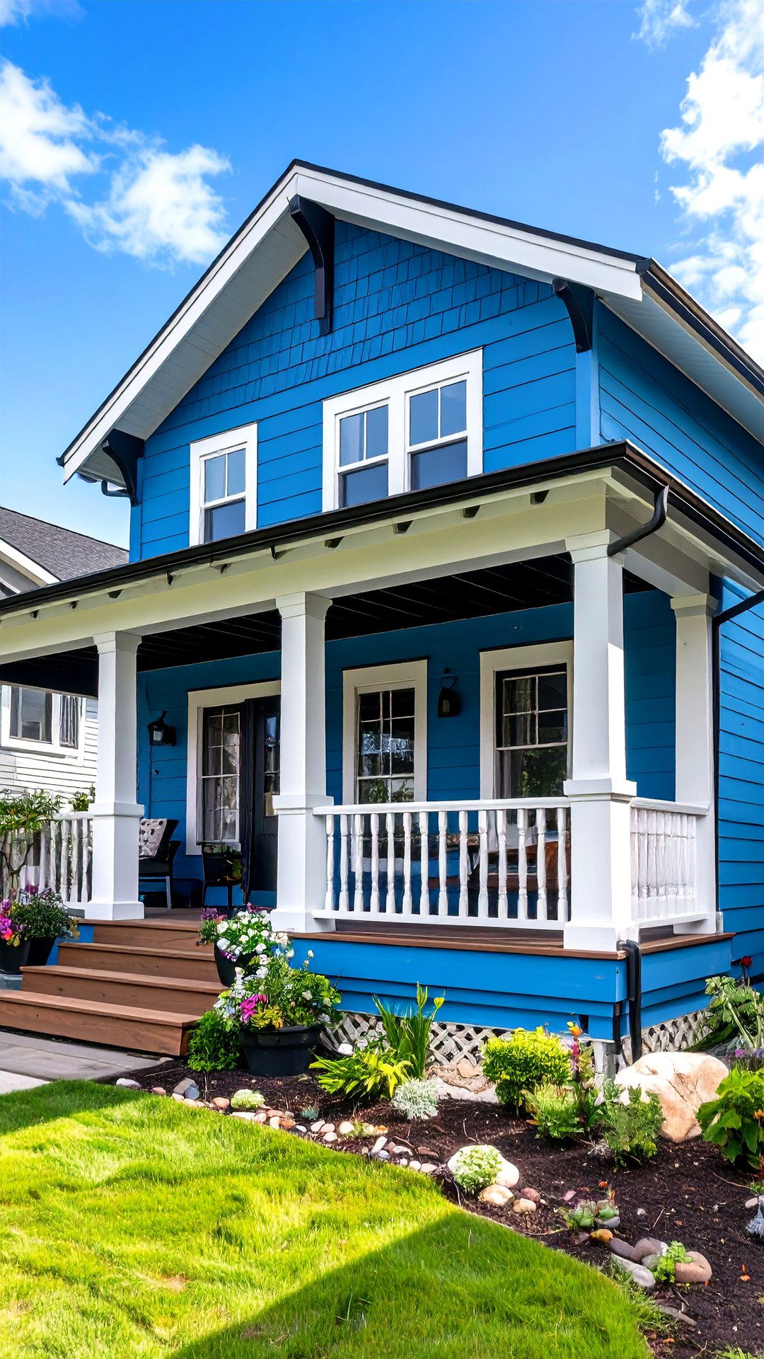 Pacific Blue Bungalow with Black Pergola and Trim - 25 blue house with black trim ideas