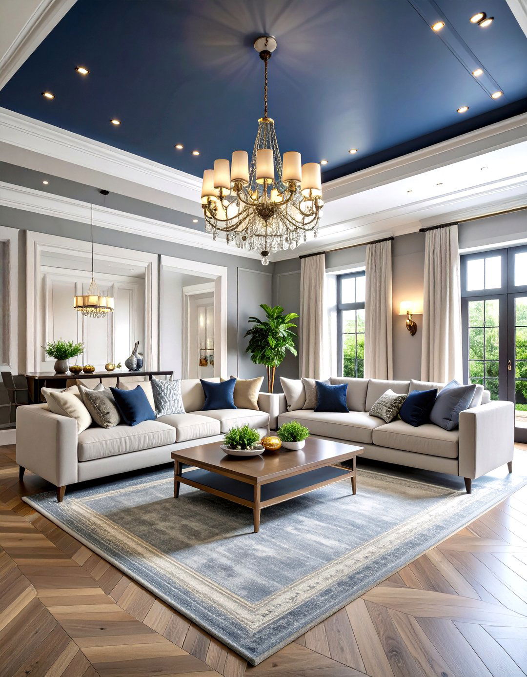 Paint the Fifth Wall A Navy Ceiling Over Grey Walls - 25 navy blue and grey living room ideas