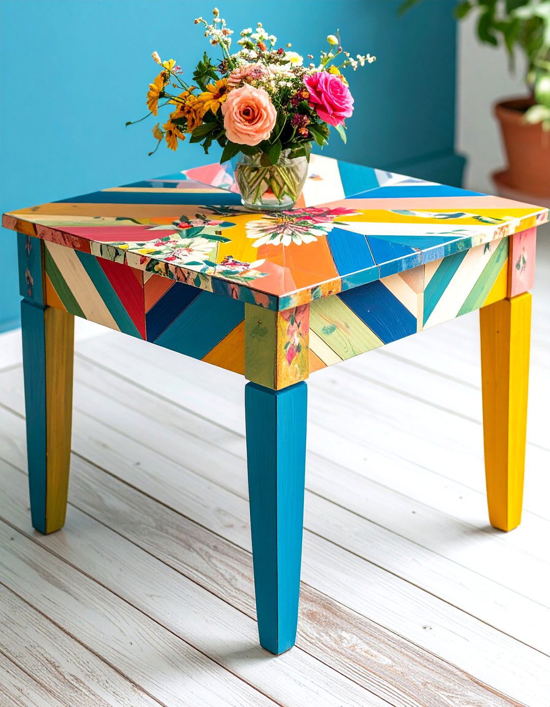 Painted Furniture End Table Combining Chevron and Florals - 25 painted furniture ideas