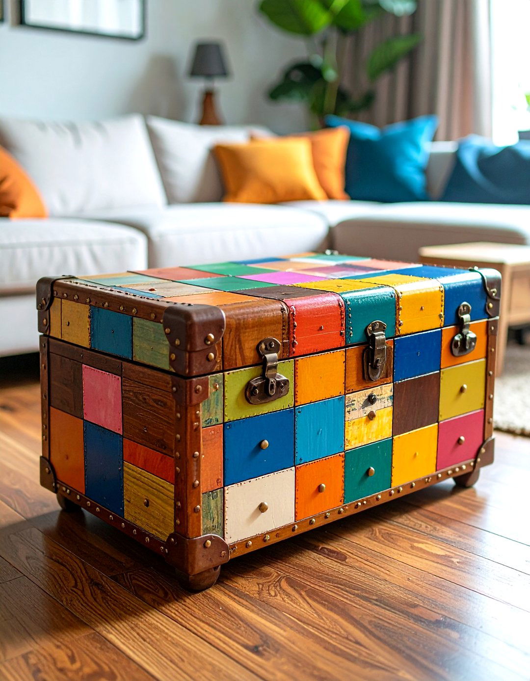 Painted Furniture Vintage Trunk with Patchwork Color Blocks - 25 painted furniture ideas