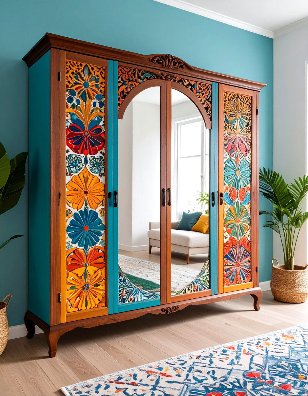 Painted Furniture Wardrobe Mirror with Stenciled Details - 25 painted furniture ideas