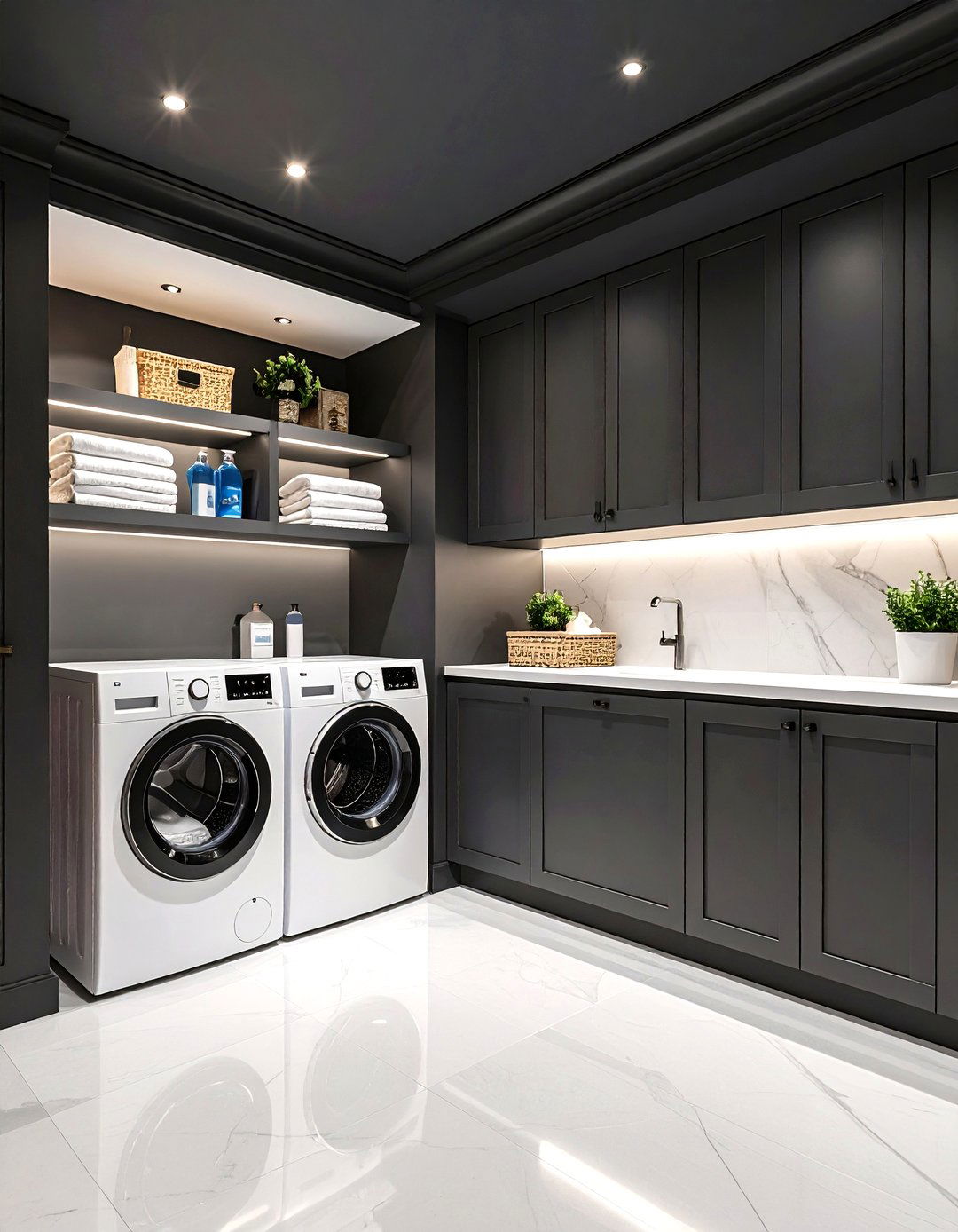 Painting the Laundry Room Ceiling Black Adds Cozy Drama - 25 black and white laundry room ideas