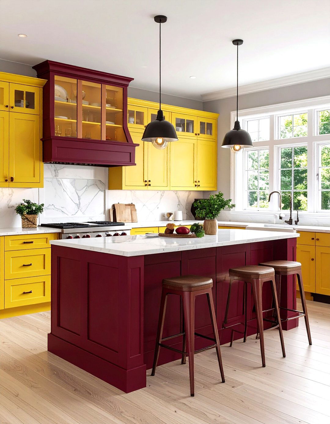 Pair Yellow Base Units with a Contrasting Burgundy Island - 25 pale yellow kitchen ideas