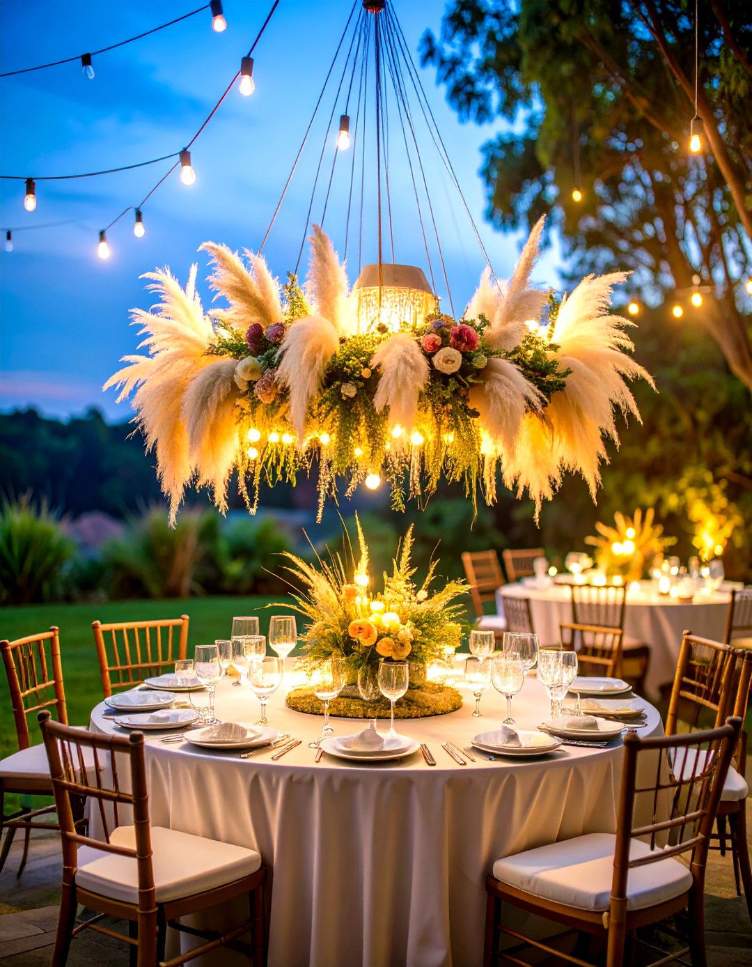 Pampas Grass Chandelier Drifting Above a Wedding Style Table - 25 pampas grass decor ideas