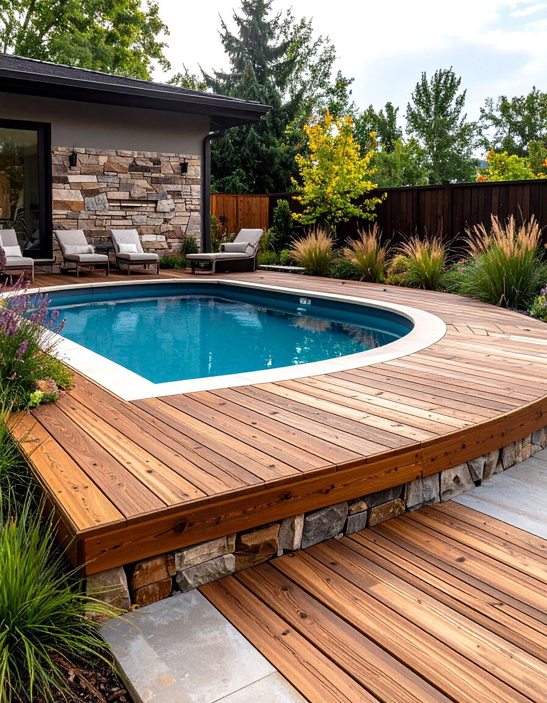 Partial Deck with Stone Skirt Accent - 25 above-ground pool with deck ideas