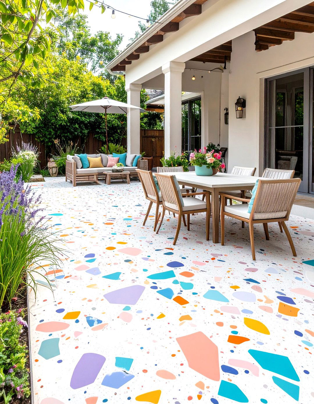 Pastel Confetti Mosaic Painted Concrete Patio - 25 painted concrete patio ideas