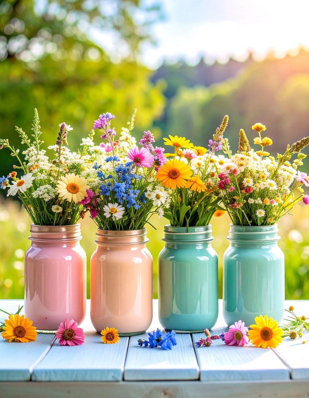 Pastel Painted Jars Bursting with Wildflowers - 25 mason jar wedding centerpieces