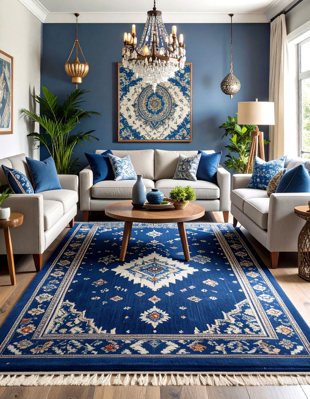 Pattern Play Ikat Rug Anchors Grey Seating - 25 navy blue and grey living room ideas