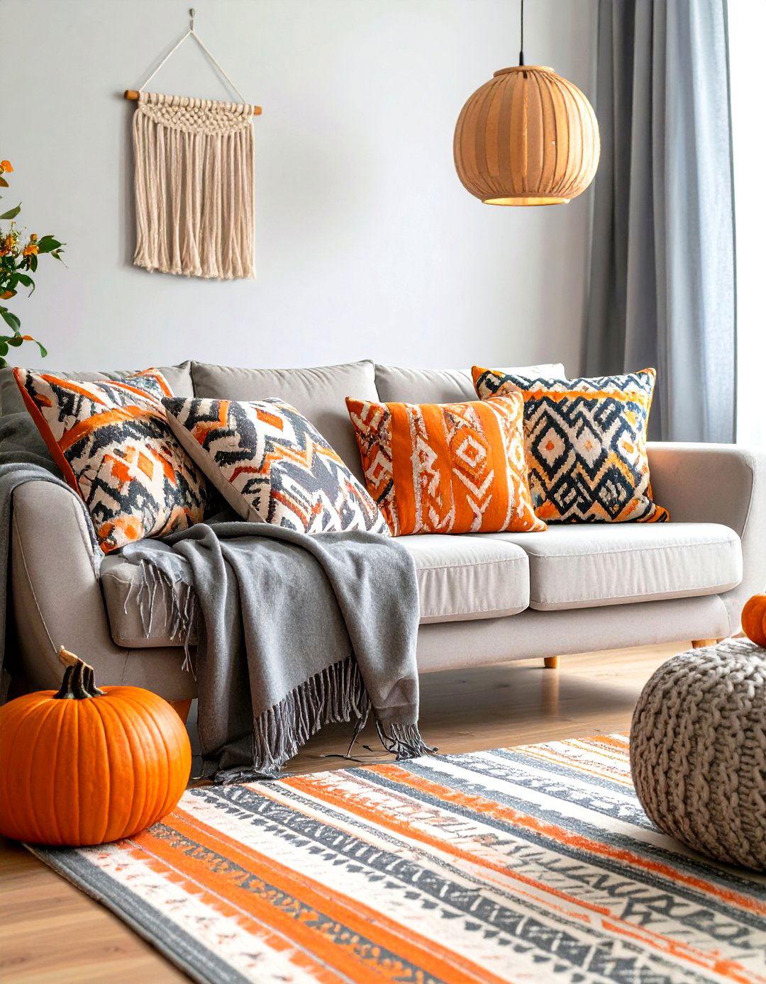 Pattern Play Orange and Grey Stripes Meet Ikat Motifs - 25 orange and grey living room ideas