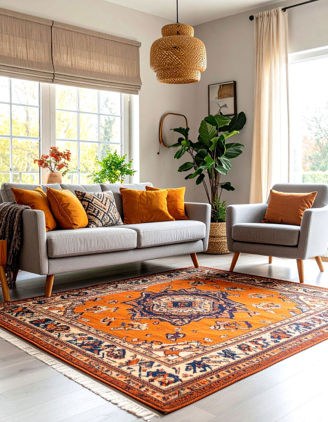 Pattern Rich Orange Rug Under Cloud Grey Seating - 25 orange and grey living room ideas