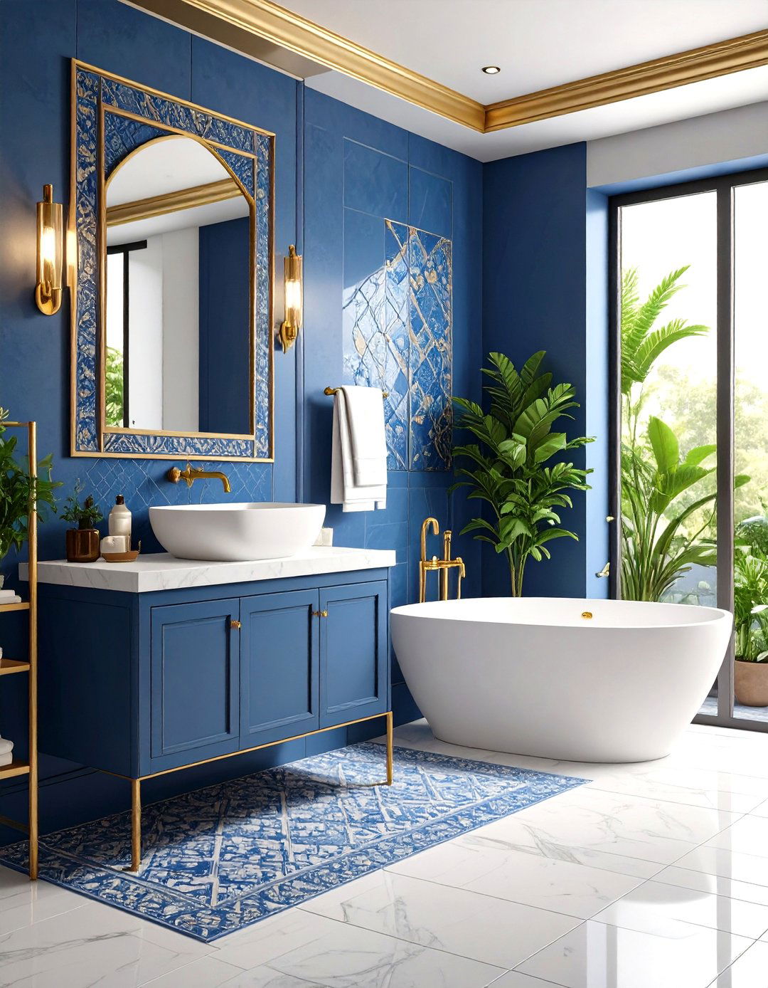 Patterned Blue Cement Tile Bathroom with Gold Trim Details - 25 blue and gold bathroom ideas