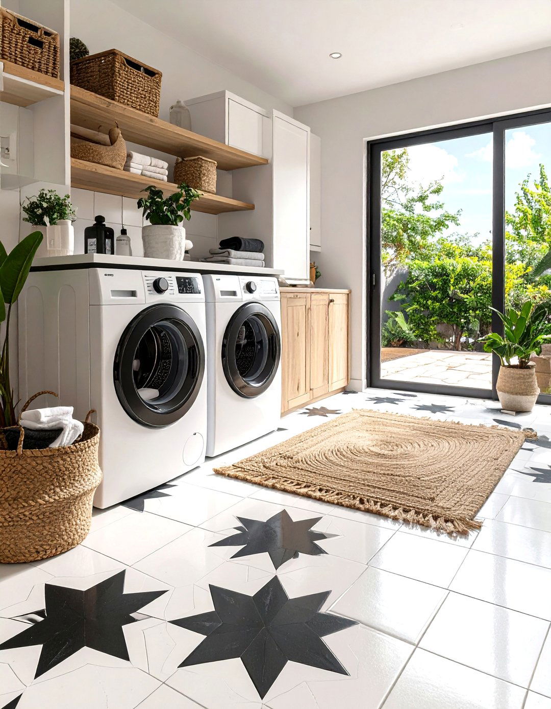 Patterned Cement Tiles Give the Laundry Room Floor Artisan Flair - 25 black and white laundry room ideas