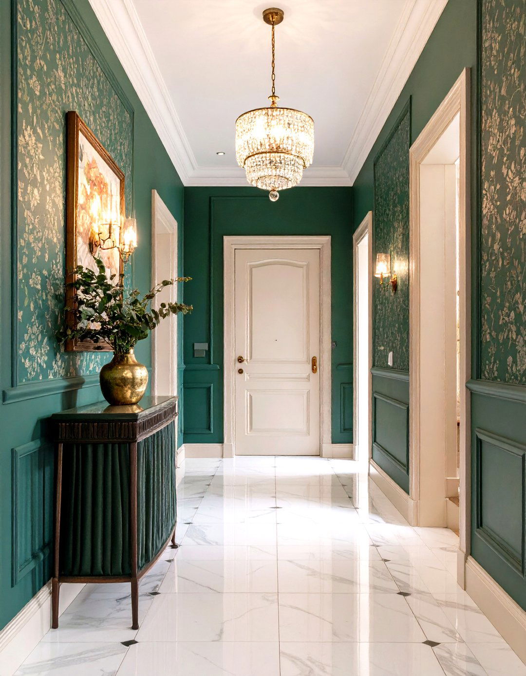 Patterned Green Hallway with Statement Wallpaper - 25 green hallway ideas