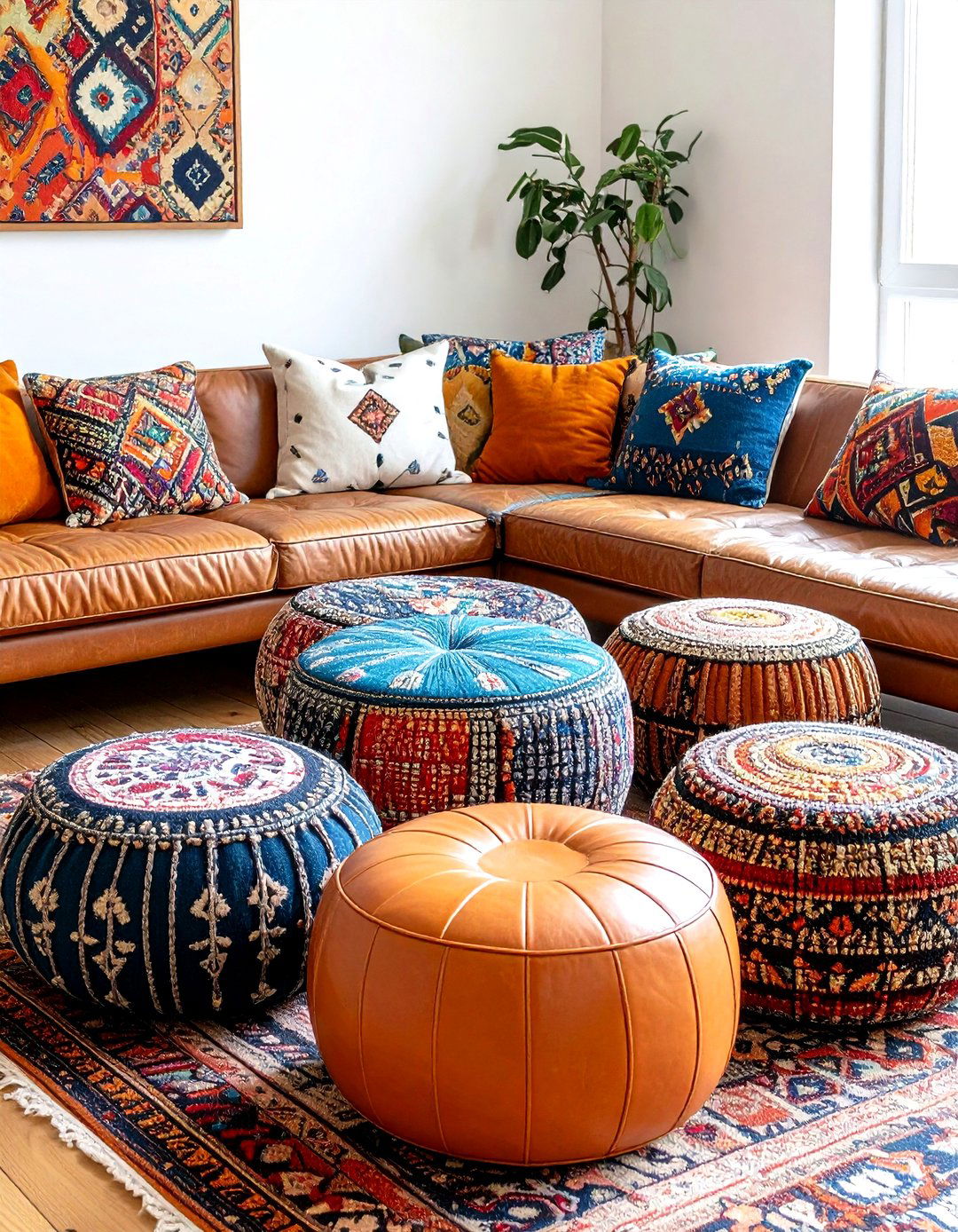 Patterned Poufs and Ottomans Grounding a s Living Room - 25 70s living room ideas
