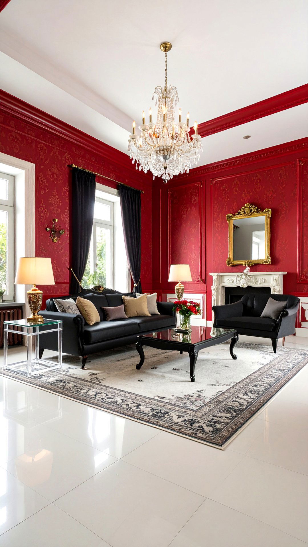 Patterned Red Wallpaper Adds Depth to a Black Living Room - 25 black and red living room ideas