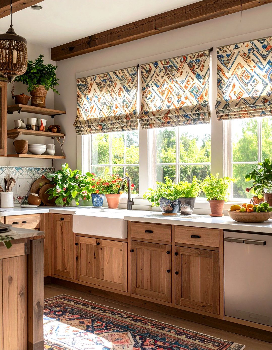 Patterned Window Treatments Animate a Boho Kitchen - 25 boho kitchen ideas