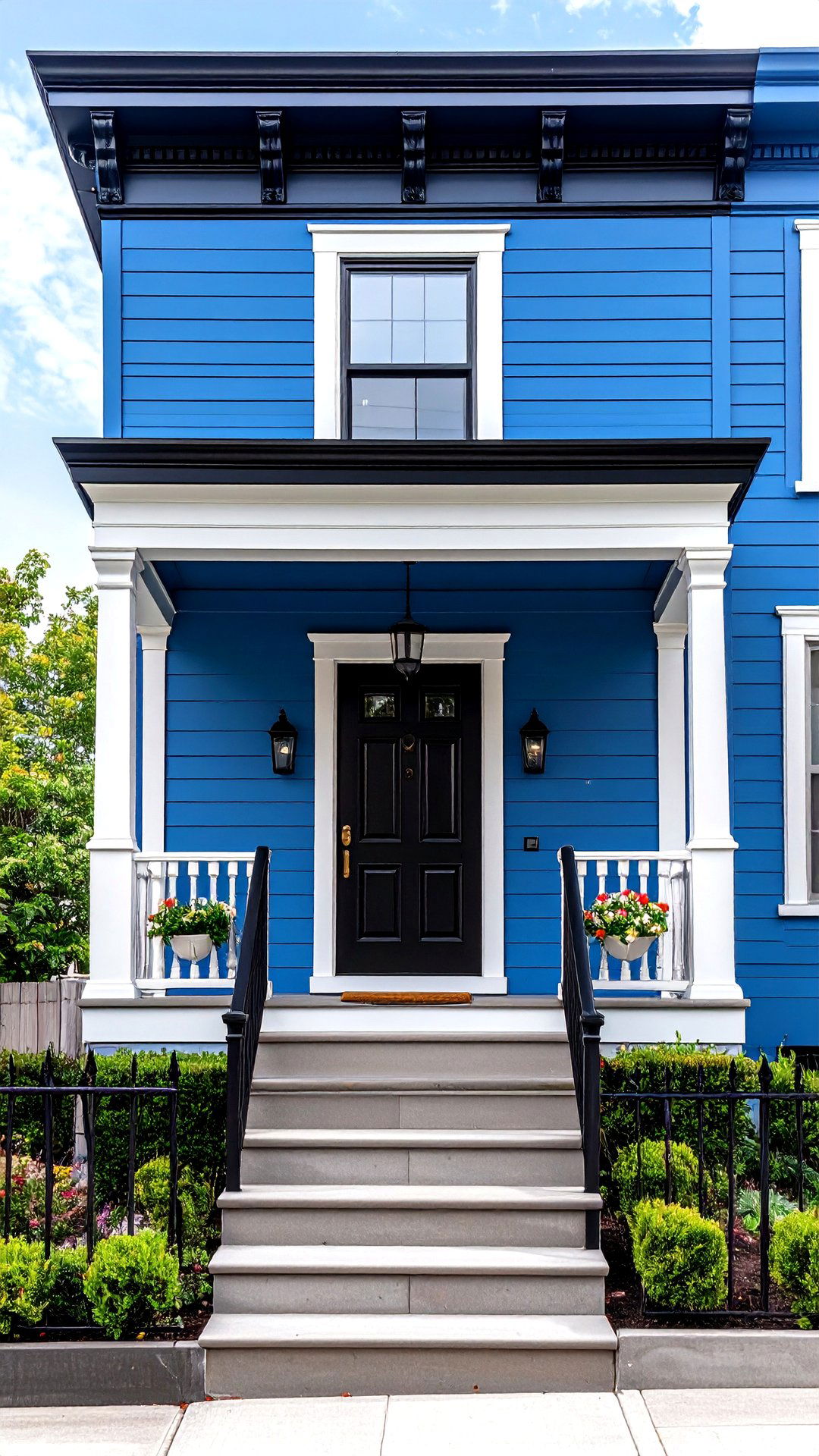 Peacock Blue House Rowhome with Black Cornice and Door - 25 blue house with black trim ideas