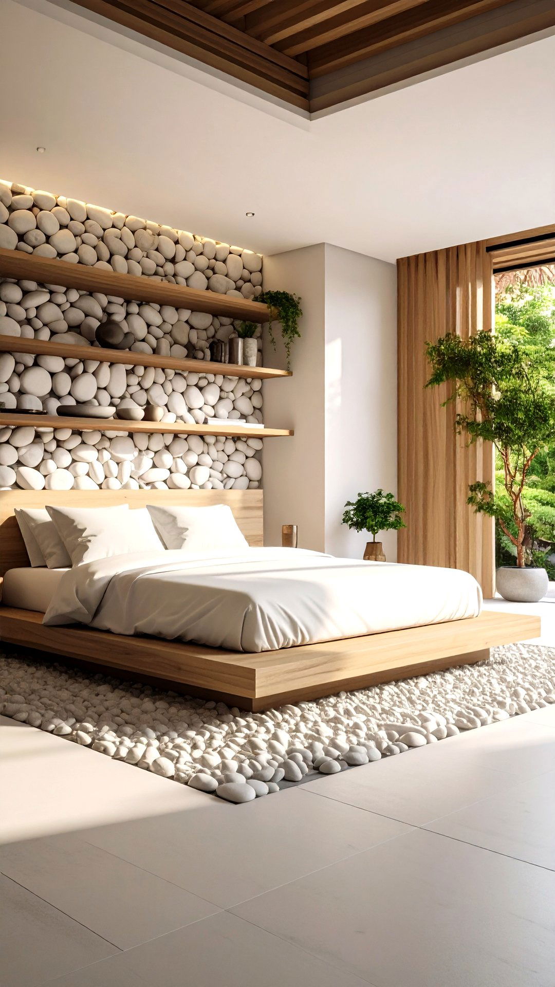 Pebble and Stone Accent Wall in Asian Bedroom Zen - 25 asian bedroom ideas