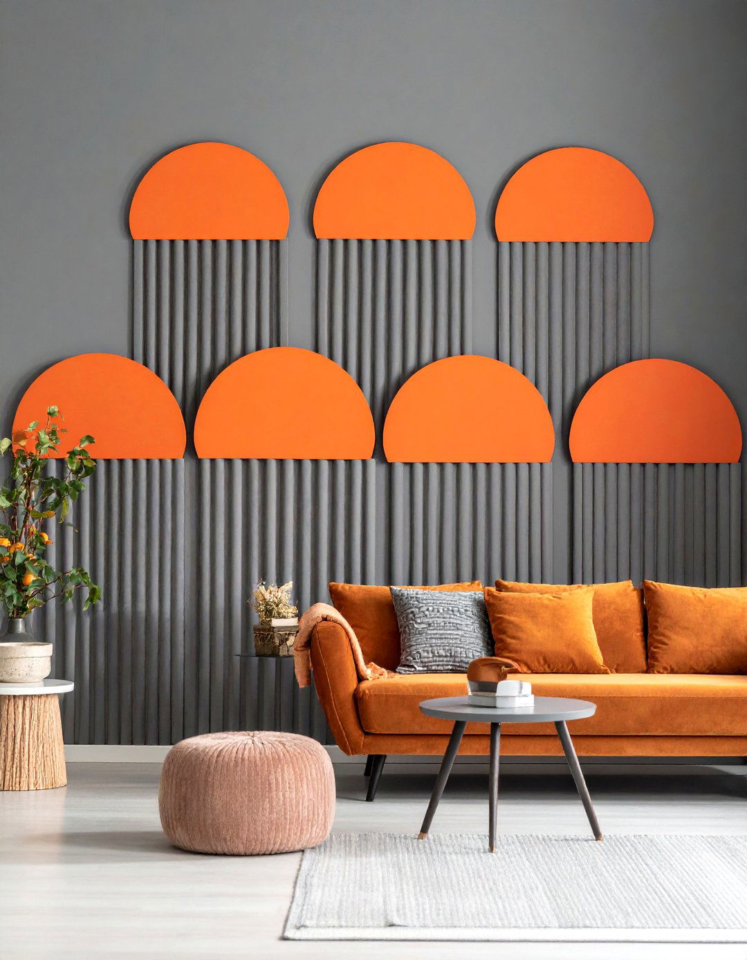 Peel and Stick Orange Decals on Grey Panels for Renters - 25 orange and grey living room ideas