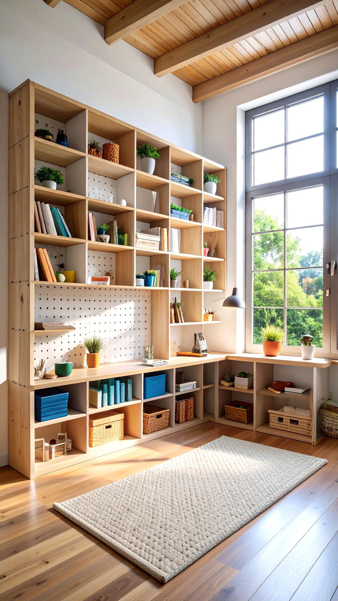 Peg Board Bookcase Grid Surrounding a Studio Window - 25 bookcases around window design ideas